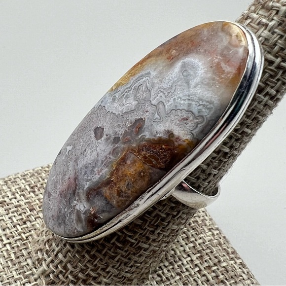New Large Statement Mexican Laguna Agate Stone Silver Overlay Ring Size 7.75 - Picture 4 of 9